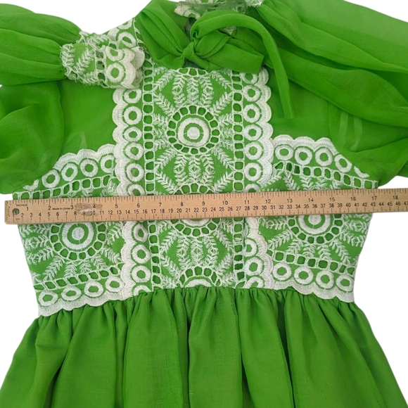 Vintage 70s Crochet Trimmed Maxi Peasant Dress Green Chiffon Overlay Womens S - Picture 6 of 14